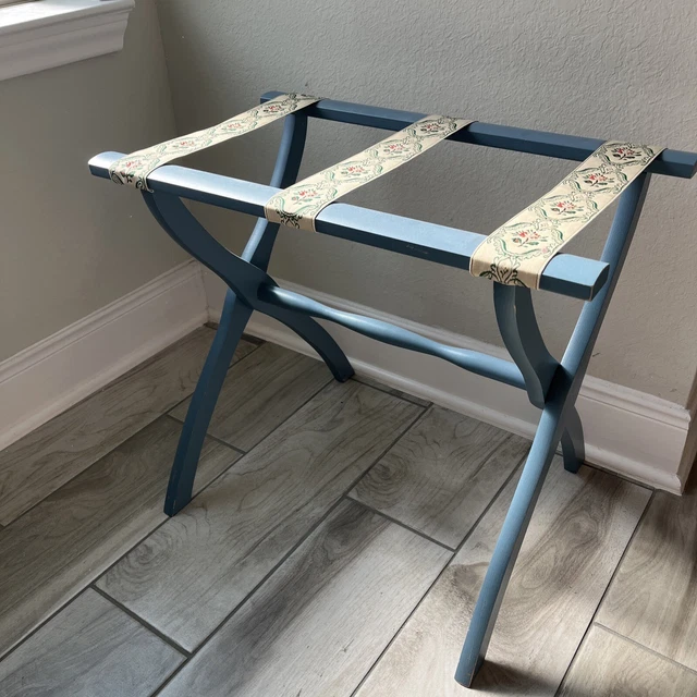 Vtg Blue Scheibe Folding Luggage Rack Suitcase Stand Wood Tapestry Contour Label
