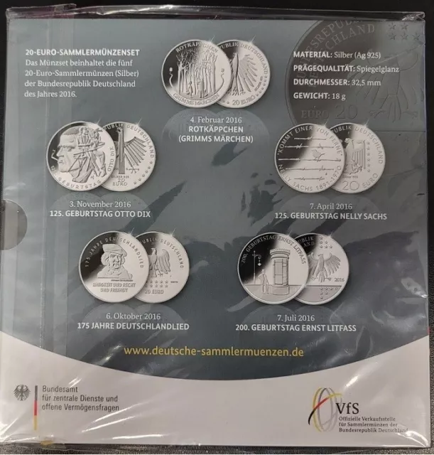 20 Euro First Edition Coins 2016 5' Year Set - Germany - 925' Silver PP