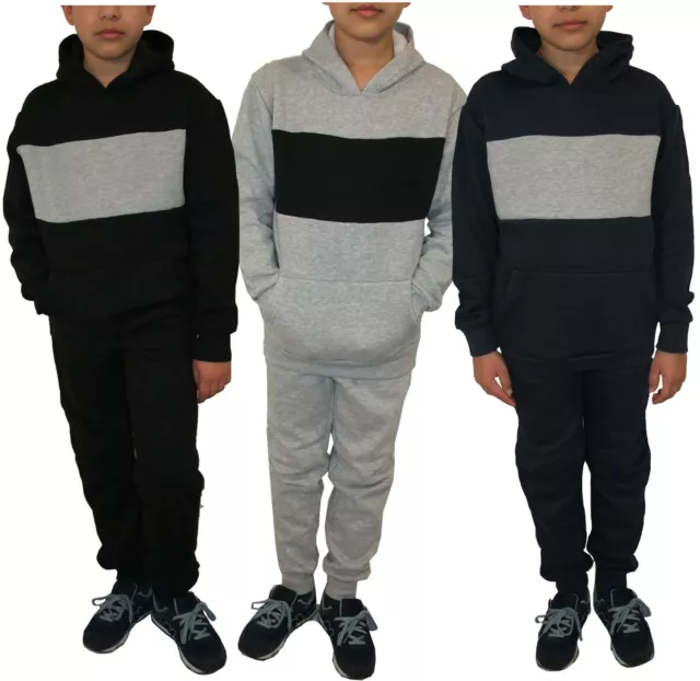 Kids Hooded Tracksuit Fleece Pullover Stripe Sweatshirt Cotton Jogging Bottom