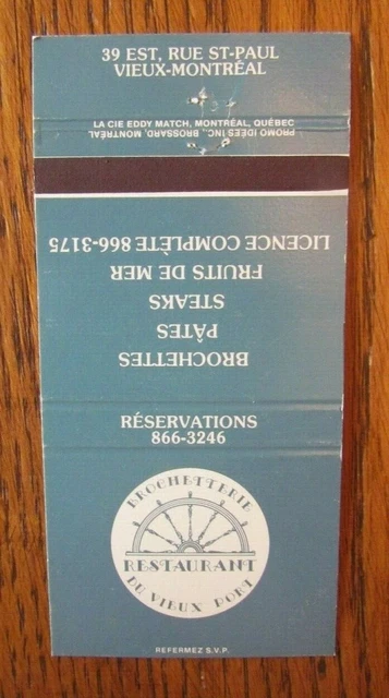 Greek Restaurant Matchbook Matchcover: Brochetterie Du Vieux Port (Montreal) -E8