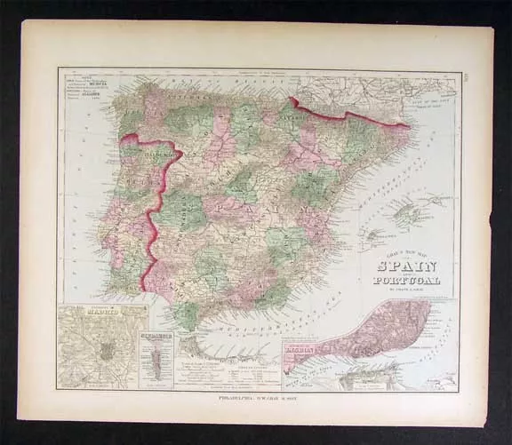 1879 Gray Map - Spain Portugal  Lisbon Madrid Gibraltar Toledo Braga Leon