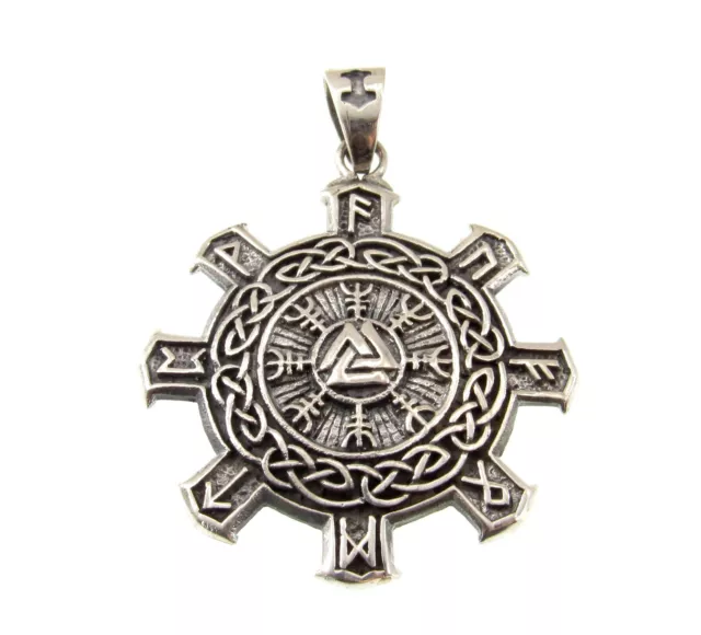 Solid 925 Sterling Silver Helm of Awe Viking Pendant With Valknut and Runes