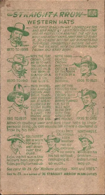 1952 NABISCO STRAIGHT ARROW lNJUN-UITIES collector's card no. 23 "WESTERN HATS"