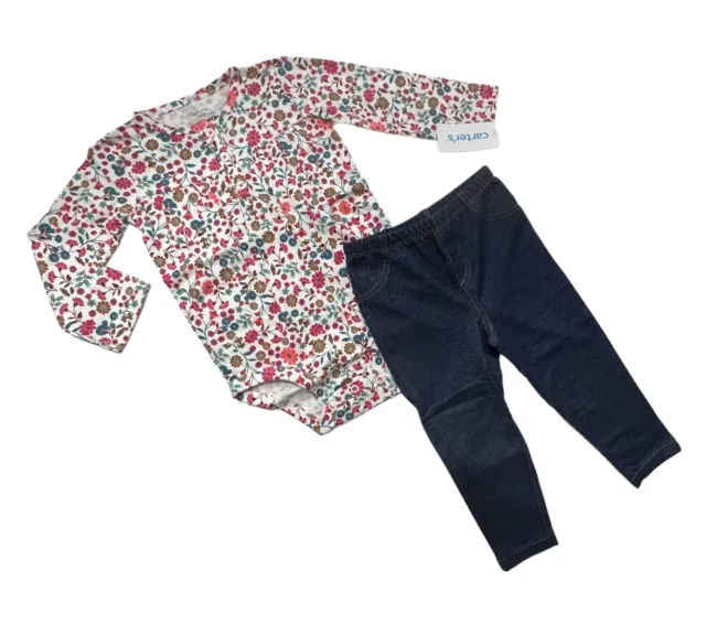 Carters Baby Girls Size 18 Months 2pc Floral Outfit Set Pants Bodysuit Long