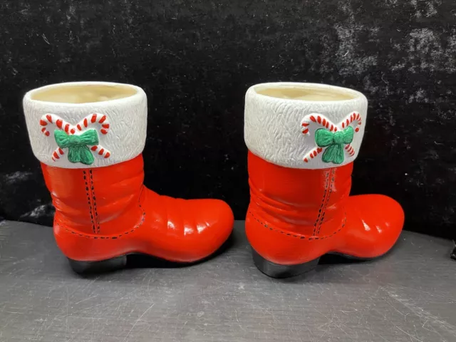 Vtg Santa Cowboy Boot Christmas Decor Candy Holder Planter 5 1/2” T Ceramic PAIR