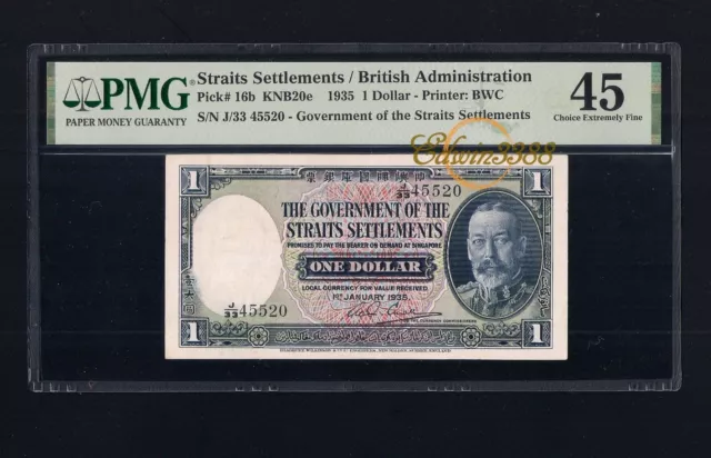 Straits Settlements 1935 $1 Dollar, King George V, P-16b prefix J/33 (PMG 45) Straits Settlements 1935 $1 Dollar, King George V, P-16b prefix J/33 (PMG 45)