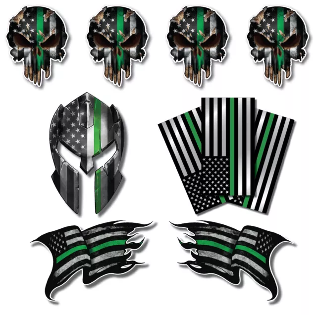 10x Thin Green Line Skull Molon Labe Helmet  American USA Flag Car Sticker Decal