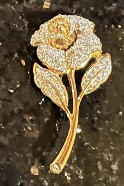 Vintage Swarovski Rose Brooch Gold Tone Clear Crystals Golden Leaves Signed Swan