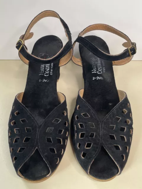 Vtg 70'S Black Suede Boho Cut-Out Ankle Strap Wedge Heel Sandals Shoes*9-9.5