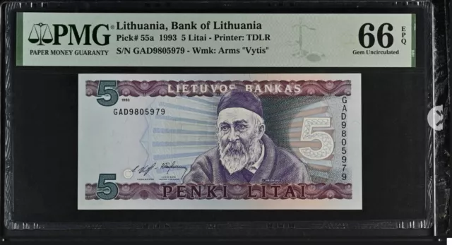 LITHUANIA 5 litai 1993, UNC, P55, PMG66