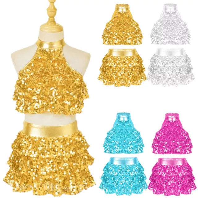 Kids Girls Shiny Sequin Latin Jazz Dance Costume Outfit Crop Top with Mini Skirt