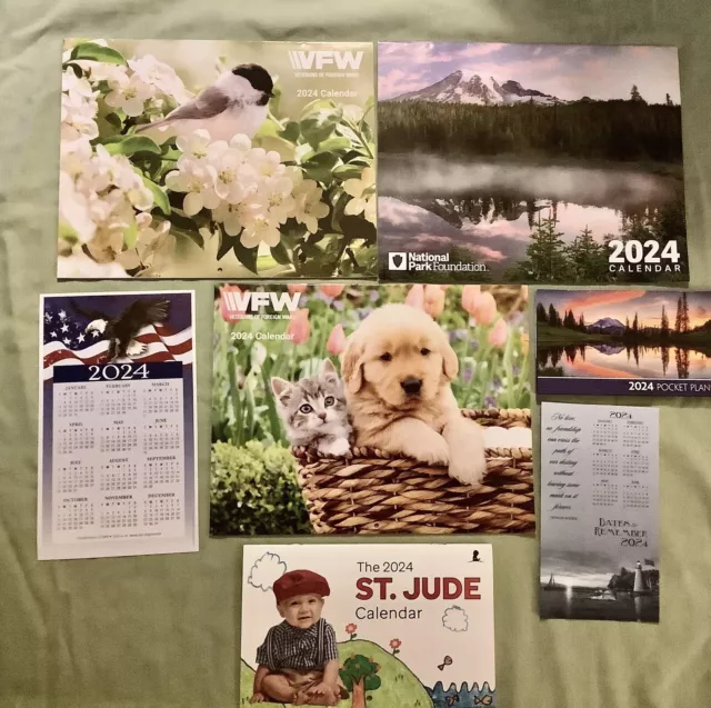 7 ASSORTED SIZED 2024 Calendars & Sheets VFW ST. Jude etc. PROCEEDS GO