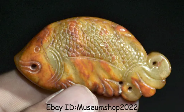 2.4" Old Chinese Natural Hetian Jade Fengshui Animal Year Fish Amulet Pendant