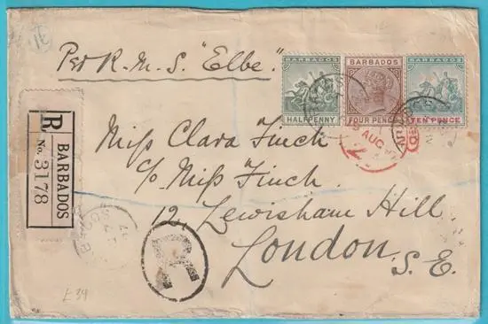 Barbados aus 1897 MiNr. 43, 50, 37 R-Brief nach London Gebrauchsspuren