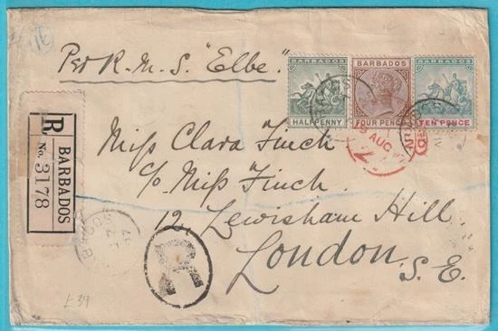 Barbados aus 1897 MiNr. 43, 50, 37 R-Brief nach London Gebrauchsspuren