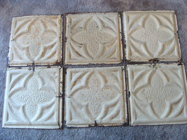 Lot of 6 Antique Tin Ceiling Tiles 12"x12" original chippy paint Circa 1900