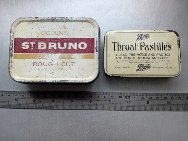 2 Vintage Collectable Tins: Boots Throat Pastilles & Ogden's St Bruno Rough Cut