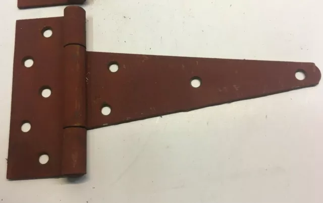 2 Vintage 10'' Farm Barn Door Gate Hand Forged Strap Hinges Great Red Patina 3