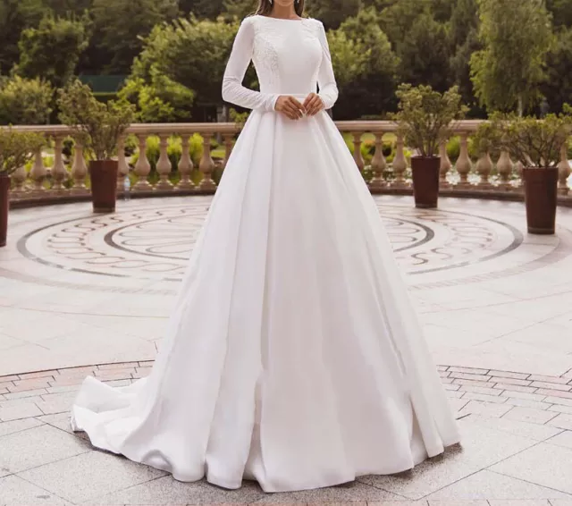 Elegant Muslim Wedding Dresses Long Sleeves Lace Satin A Line Bride Gown Train