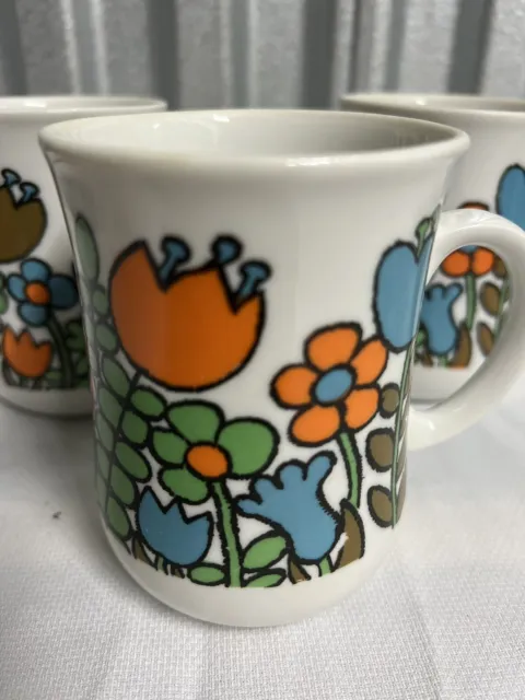 Set of 3 Floral Colorful Whimsical Vintage MCM Coffee Cup Mugs Japan