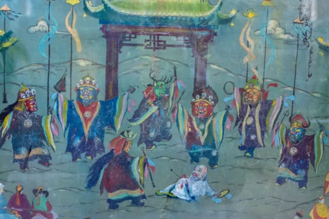 Vintage Framed Mongolian Tibetan Pastel Shamanic Ceremony Asian Fine Art Picture