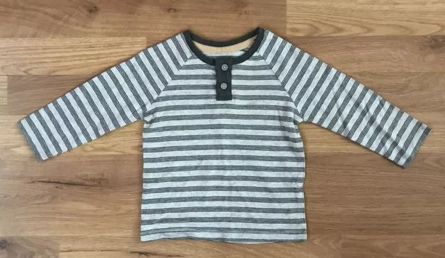 New George Long Sleeve Top Baby Boys 6-9 Months Grey Striped Button Neck Cotton