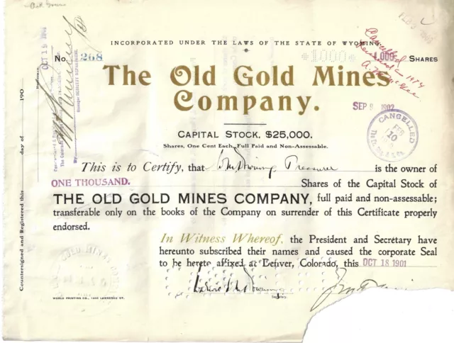 The Old Gold Mines Company, Wyoming, 1901