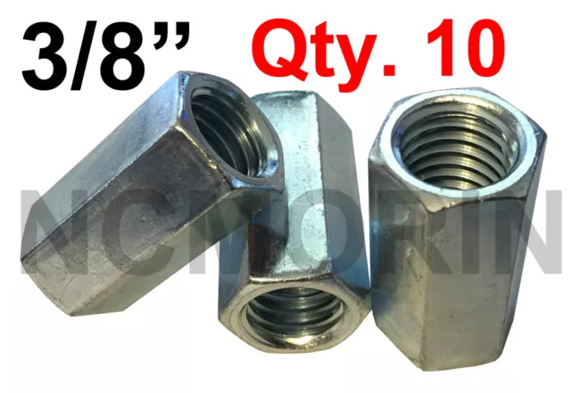 Qty 10 Hex Rod Coupling Nuts 3/8-16 x 1-1/8 Threaded Rod Connectors Zinc Coupler