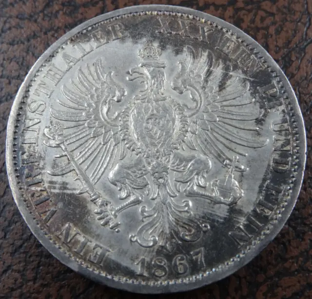 1867 A Prussia German States 1 Vereinsthaler William I 90% Silver Coin KM #494