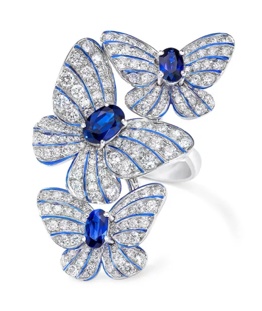Gorgeous Pavé Three Butterfly Ring Features 1.20CT Of Oval Cut Sapphires & CZ