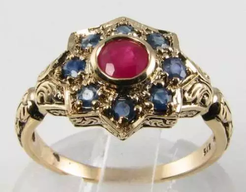 Beautiful 9Ct Gold Victorian Ins Natural Ruby & Blue Saaphire Sun Moon Star Ring