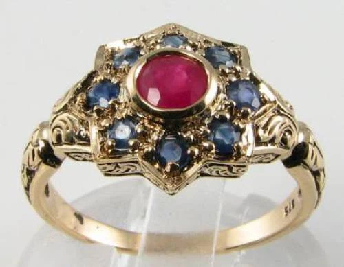 Beautiful 9Ct Gold Victorian Ins Natural Ruby & Blue Saaphire Sun Moon Star Ring