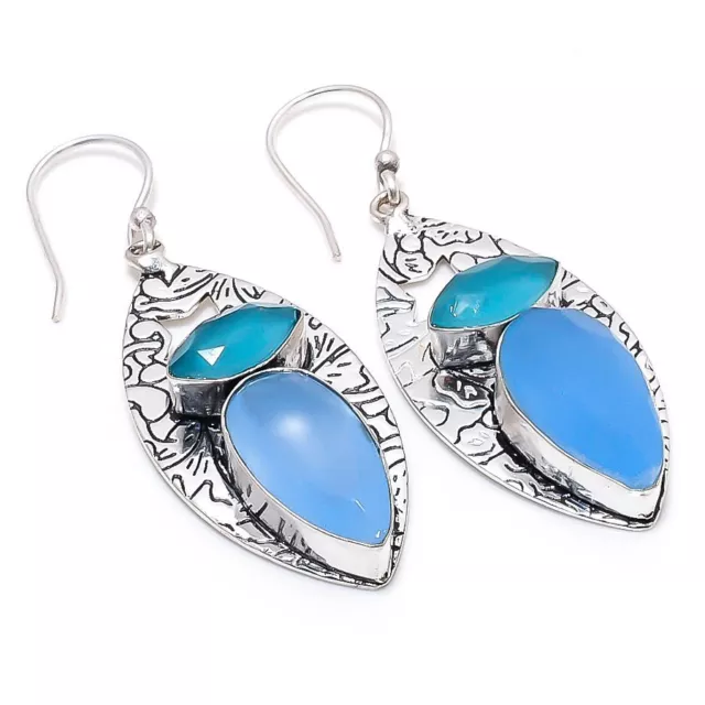 Aqua Chalcedony Gemstone Handmade 925 Sterling Silver Jewelry Earring 2.36 "