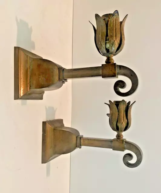 Antique Pair Brass Arts & Crafts Wall Sconces 1910