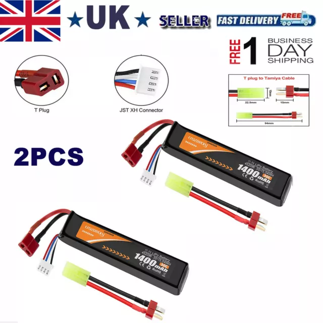 2PCS 11.1V 1400mAh 30C LiPo Stick Airsoft Battery Dean Style Connector T Plug UK 3