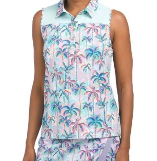 NWT Ladies STELLA PARKER Mint Green Palm Print Sleeveless Mock Golf Shirt L XL