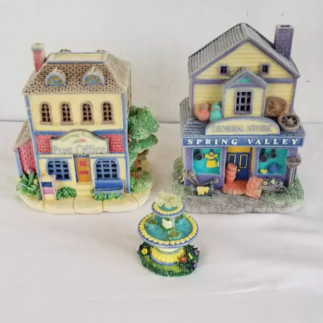 Spring Valley Lighted Village Ceramic General Store, Post Office and Fountain