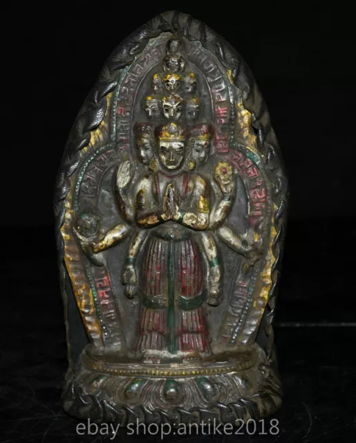 8 " Old Tibet Buddhism Bronze Painting 1000 Hand Guanyin Buddha Lotus Pendant