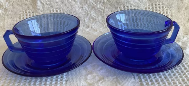 2  sets Vintage Depression Glass Cobalt Blue Moderntone Hazel Atlas Cup Saucer