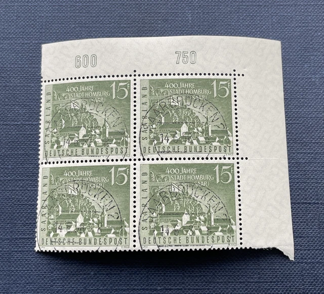 Saarland OPD 1958 Mi.-Nr. 436, Quartett Br. r / oben Bogenecke, gestempelt