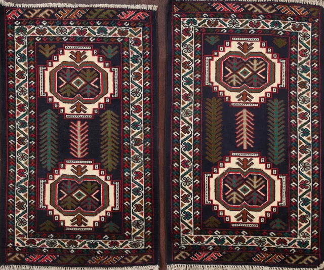 Pair of 2 Tribal Geometric Balouch Pakistan Area Rug Hand-knotted Wool Foyer 2x3