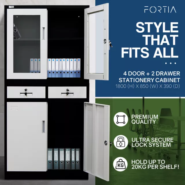 FORTIA Stationery Cabinet Office Metal Lockable Storage 4 Door Cupboard Drawers