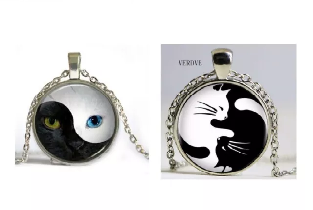 HALSKETTE ANHÄNGER "YIN & YANG KATZE" Kater Amulett Glücksbringer Cabachon EDEL