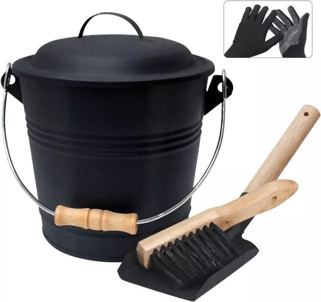 1.5 Gallon Ash Bucket Lid & Shovel Fireplace Metal Broom Coal Ash Can Fireplace