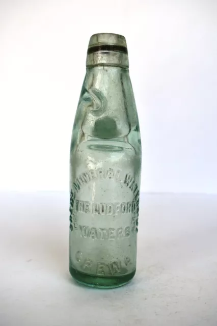 Vintage Crewe Mineral Water Co Ludford Eaux Codd Cou Marbre Bouchon Colle " F34