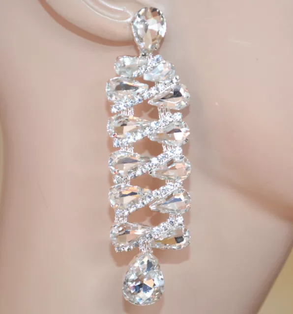 ORECCHINI argento donna cristalli strass trasparenti pendenti lunghi sposa UAX16