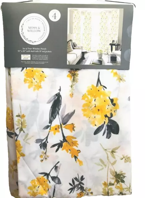 MOSS & WILLOW Set of 4 Yellow Gray Floral 84" Window Curtain Drape Panels New