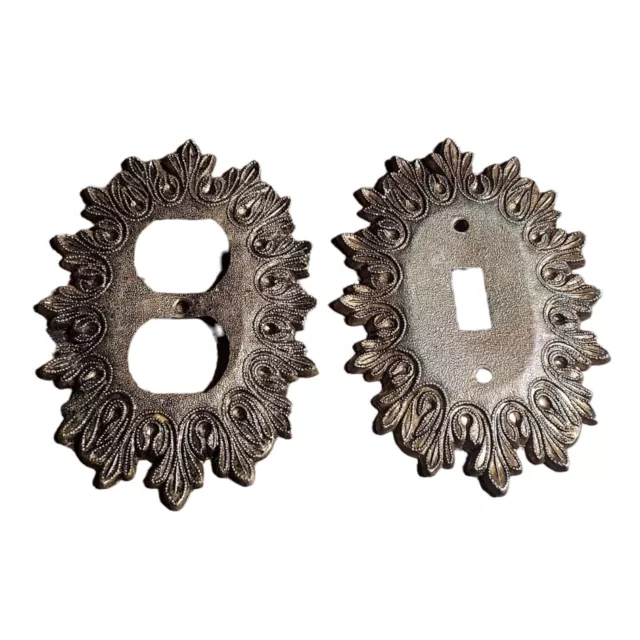 Vintage Brass Ornate Metal Salvage Double Outlet Single Switch Plate Cover