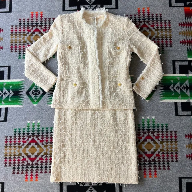 Chanel Boutique Suit Jacket Dress Set Ivory Vintage Women’s Size 34 Wool EUC D3