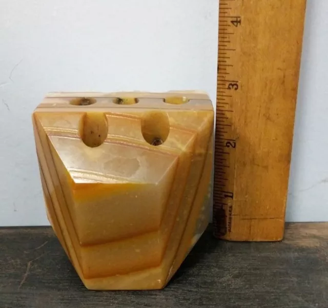 Vintage Large Heavy Carved Agate Stone Geometric 70's Pen Holder Paperweight 2